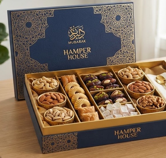 Eid Corporate Box (Min. 10) — Gold-tray box of dates, mithai and dry fruit