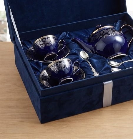 Midnight Tea Set — Cobalt porcelain teapot, cups and silver spoons