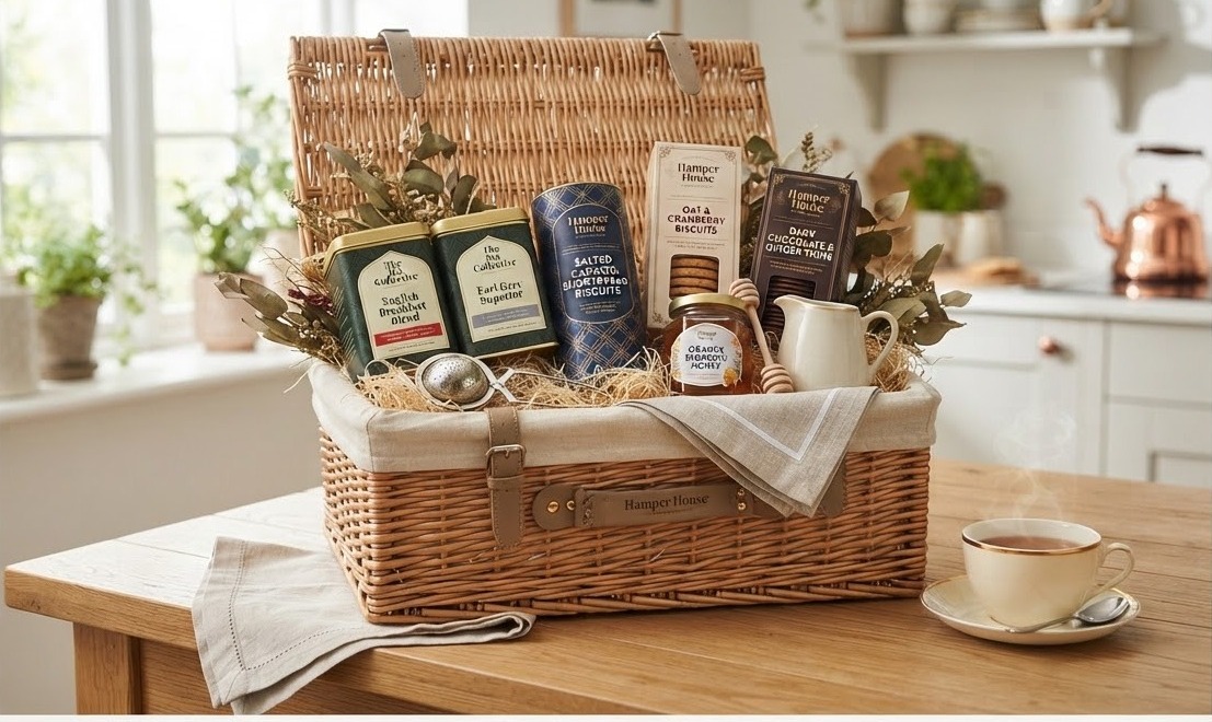 Tea & Treats Hamper — Wicker hamper of loose-leaf teas, biscuits and honey