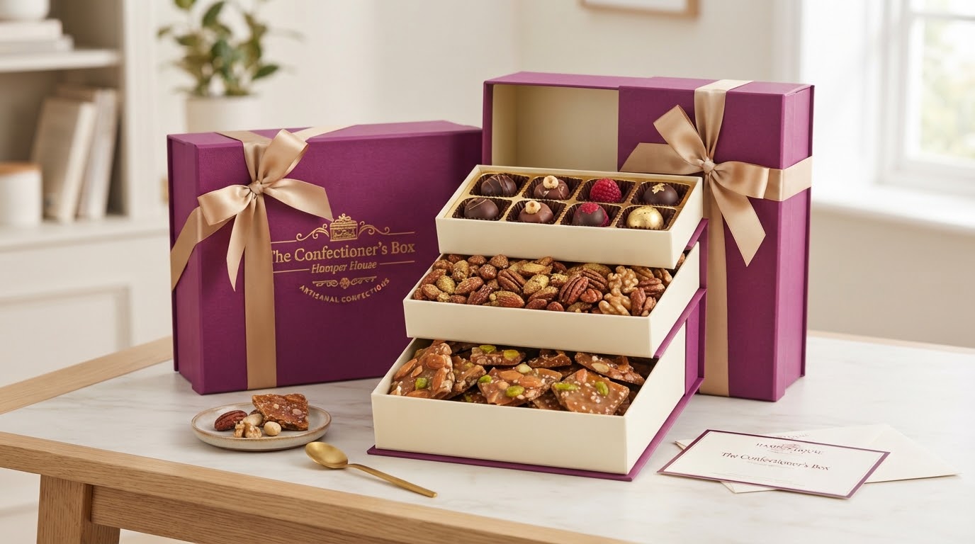 The Confectioner's Box — Three-tier box of truffles, nuts and brittle