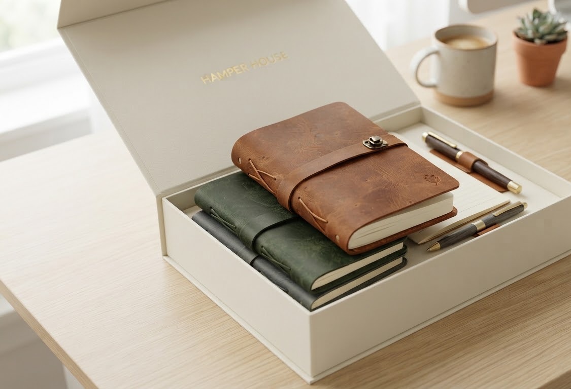 The Journal Collection — Three bound journals with brass-trim pens